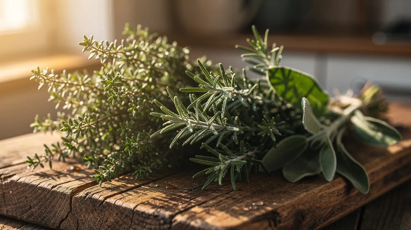 Auf einem Holzbrett liegen frisch geerntete Kräuterbündel aus Thymian, Rosmarin und Salbei, die im warmen Morgenlicht leuchten. Diese Kräuter sind ideal für die Konservierung und das Trocknen von Kräutern, um ihre Aromen für die Küche zu bewahren.