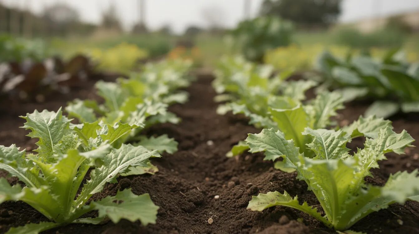 Das Bild zeigt junge Catalogna-Pflanzen in einem Gemüsebeet, angeordnet in Reihen mit grünen, gezackten Blättern. Diese Blattgemüse-Sorten sind ideal für Salate und Pastagerichte und verleihen der italienischen Küche eine besondere Note.