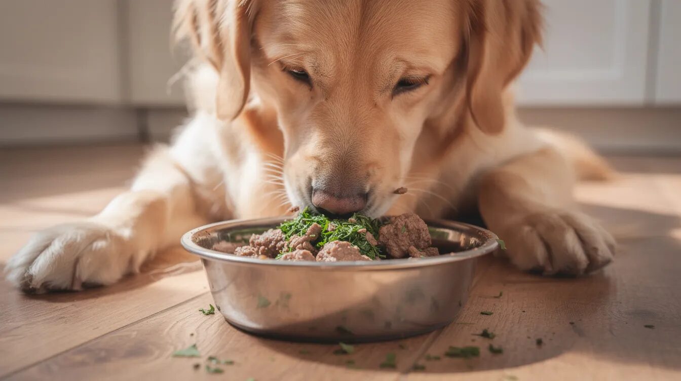 Ein entspannter Hund frisst aus seinem Napf, der mit einer gesunden Mischung aus Hundefutter und feinen Kräutern gefüllt ist. Die Kräuter unterstützen das Wohlbefinden und die Gesundheit des vierbeinigen Freundes.