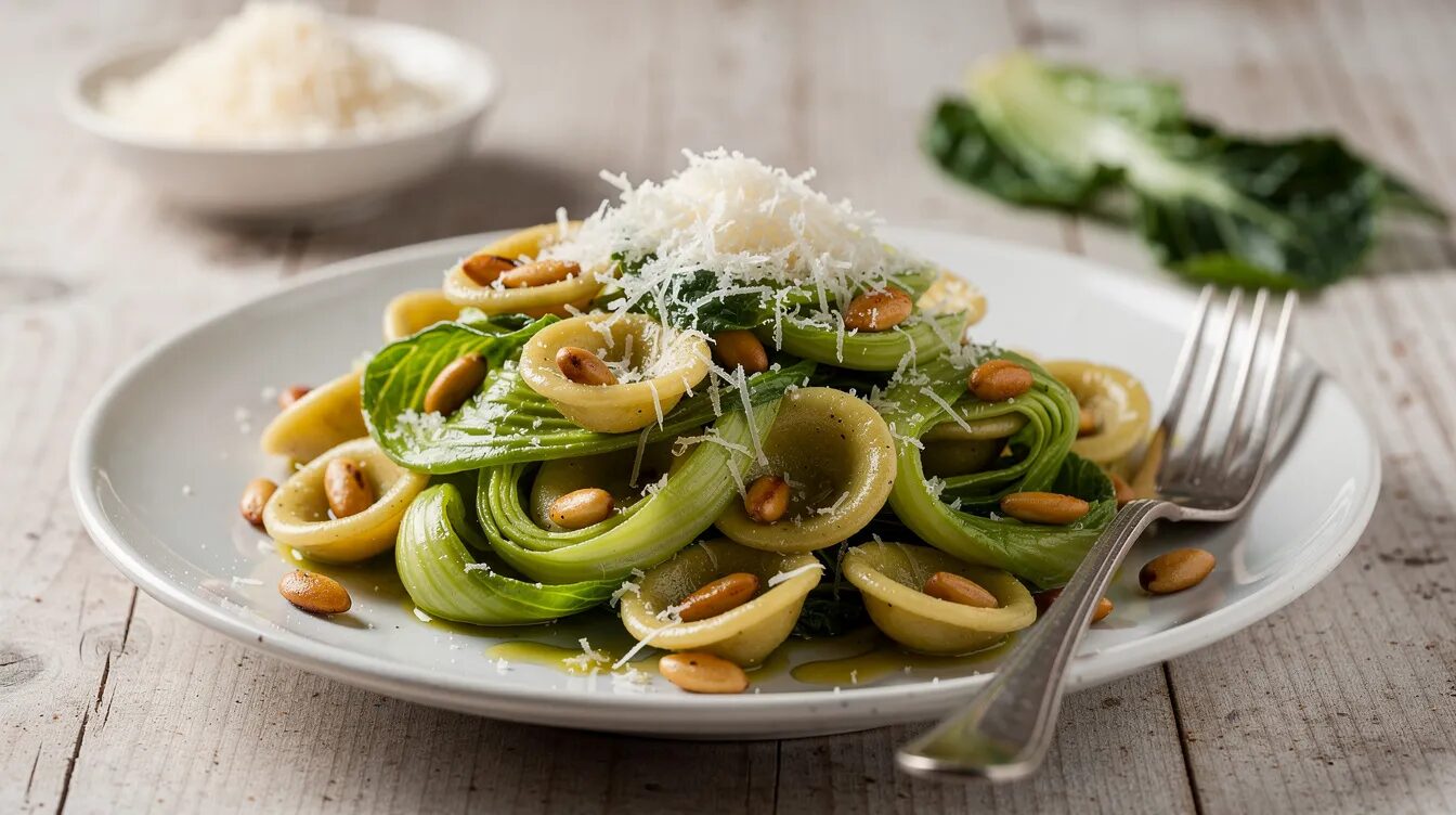Ein Teller mit Orecchiette-Pasta, garniert mit grünen Streifen von Catalogna, gerösteten Pinienkernen und frisch geriebenem Parmesan. Die Kombination aus Pasta und Gemüse verleiht dem Gericht eine ansprechende Farbe und einen köstlichen Geschmack.