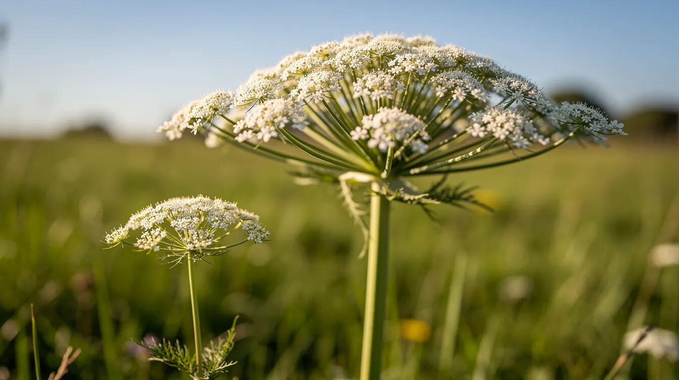 Auf der grünen Wiese im Sommer stehen zwei Doldenblütler nebeneinander: eine kleinere Pflanze mit kompakter weißer Dolde und daneben der imposante Riesenbärenklau, der über zwei Meter hoch ist und eine gewaltige weiße Blütendolde trägt. Diese Pflanzen sind ein Beispiel für die Verwechslungsgefahr zwischen verschiedenen Doldenblütlern, wie dem Wiesenbärenklau und dem gefleckten Schierling.
