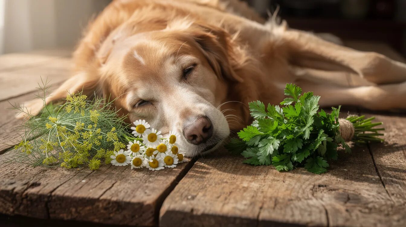 Ein entspannter Hund liegt neben frischen Kräutern wie Kamille, Fenchel und Petersilie auf einem Holztisch. Diese Kräuter für Hunde können zur Unterstützung von Gesundheit und Wohlbefinden beitragen und sind eine natürliche Ergänzung in der Ernährung des vierbeinigen Freundes.