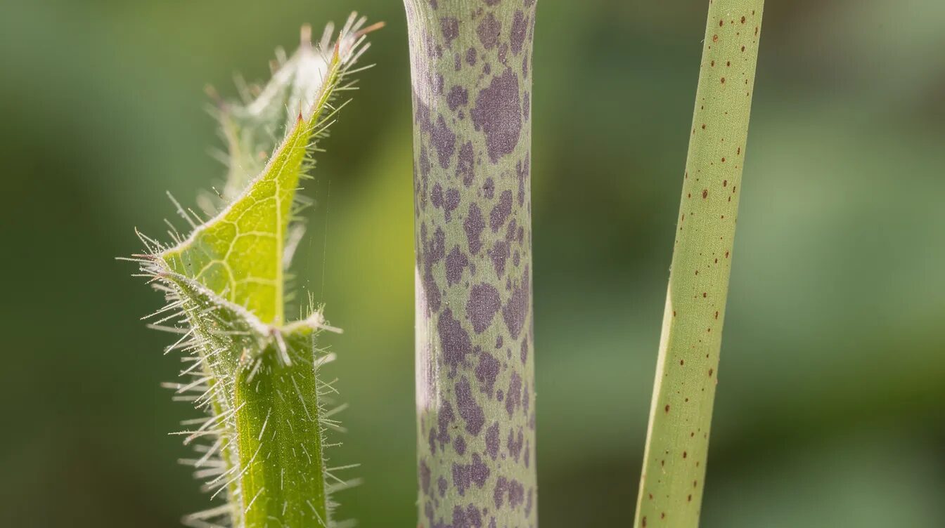 Die Nahaufnahme zeigt drei verschiedene Pflanzenstängel nebeneinander: einen grünen, kantig behaarten Stängel, einen dicken, hohlen Stängel mit violetten Flecken und einen glatten Stängel mit feinen rotbraunen Sprenkeln. Diese Pflanzen könnten potenziell mit dem wiesen Bärenklau oder dem riesen Bärenklau verwechselt werden, daher ist Vorsicht geboten.