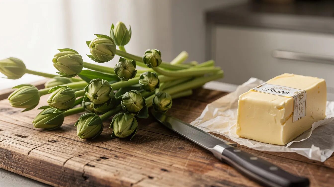 Auf einem Holzbrett in einer Küche liegen frische grüne Pflanzentriebe und geschlossene Blütenknospen, daneben ein Messer und Butter. Die Pflanzenteile könnten potenziell mit wiesen bärenklau oder riesen bärenklau verwechselt werden, was besondere Vorsicht erfordert.