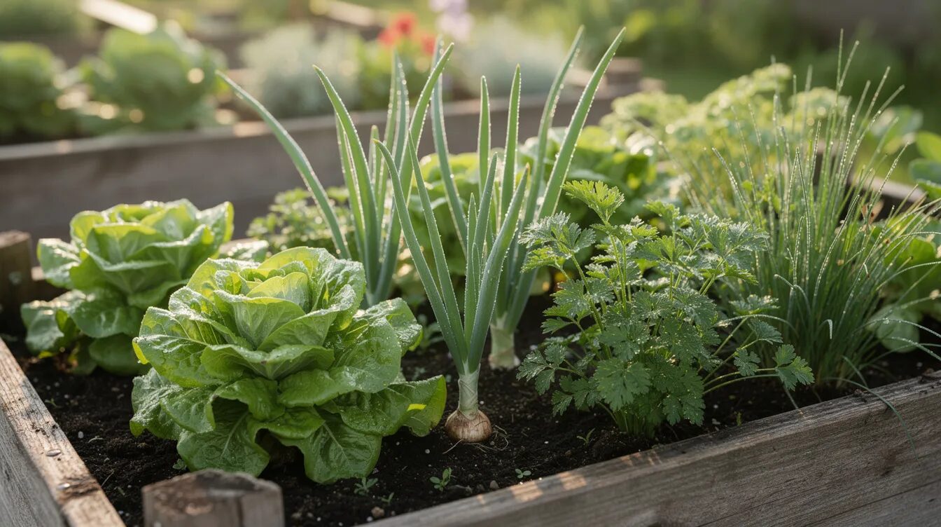 In einem Holzhochbeet wachsen Knoblauchpflanzen zwischen frischen Salatköpfen und verschiedenen Kräutern, während die Erde reich an Nährstoffen ist. Diese Pflanzen bieten nicht nur eine Bereicherung für den Garten, sondern können auch als Schutz gegen Schädlinge wie Käfer und deren Larven dienen.