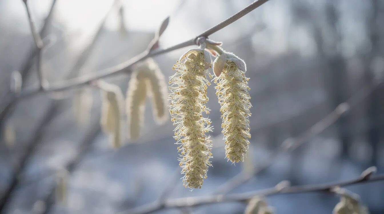 Eine Nahaufnahme zeigt gelbliche Haselkätzchen, die an kahlen Zweigen des Haselstrauchs im winterlichen Gegenlicht hängen. Diese männlichen Blüten sind eine wichtige Nahrungsquelle für Bienen und kündigen den bevorstehenden Frühling an.