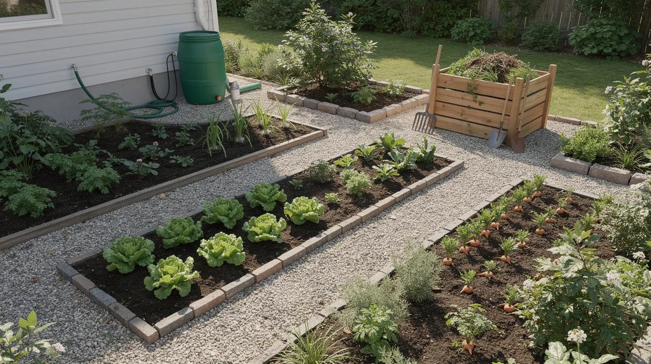 Ein kleiner, strukturierter Garten mit ordentlich angelegten Gemüsebeeten, einer Kompostecke und einer Regentonne zeigt die Möglichkeiten eines Selbstversorgergartens. Hier wachsen verschiedene Gemüsesorten und Kräuter, die zur Selbstversorgung beitragen.