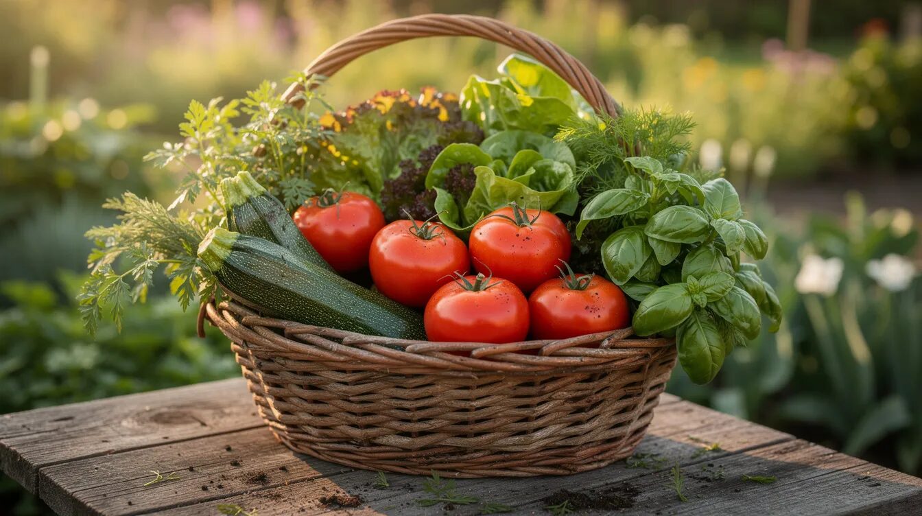 Ein Erntekorb voller frisch gepflückter Tomaten, Zucchini, Kräutern und Salat liegt auf einem rustikalen Holztisch im Garten. Diese bunte Auswahl an Gemüse und Kräutern spiegelt die Vielfalt eines Selbstversorgergartens wider.