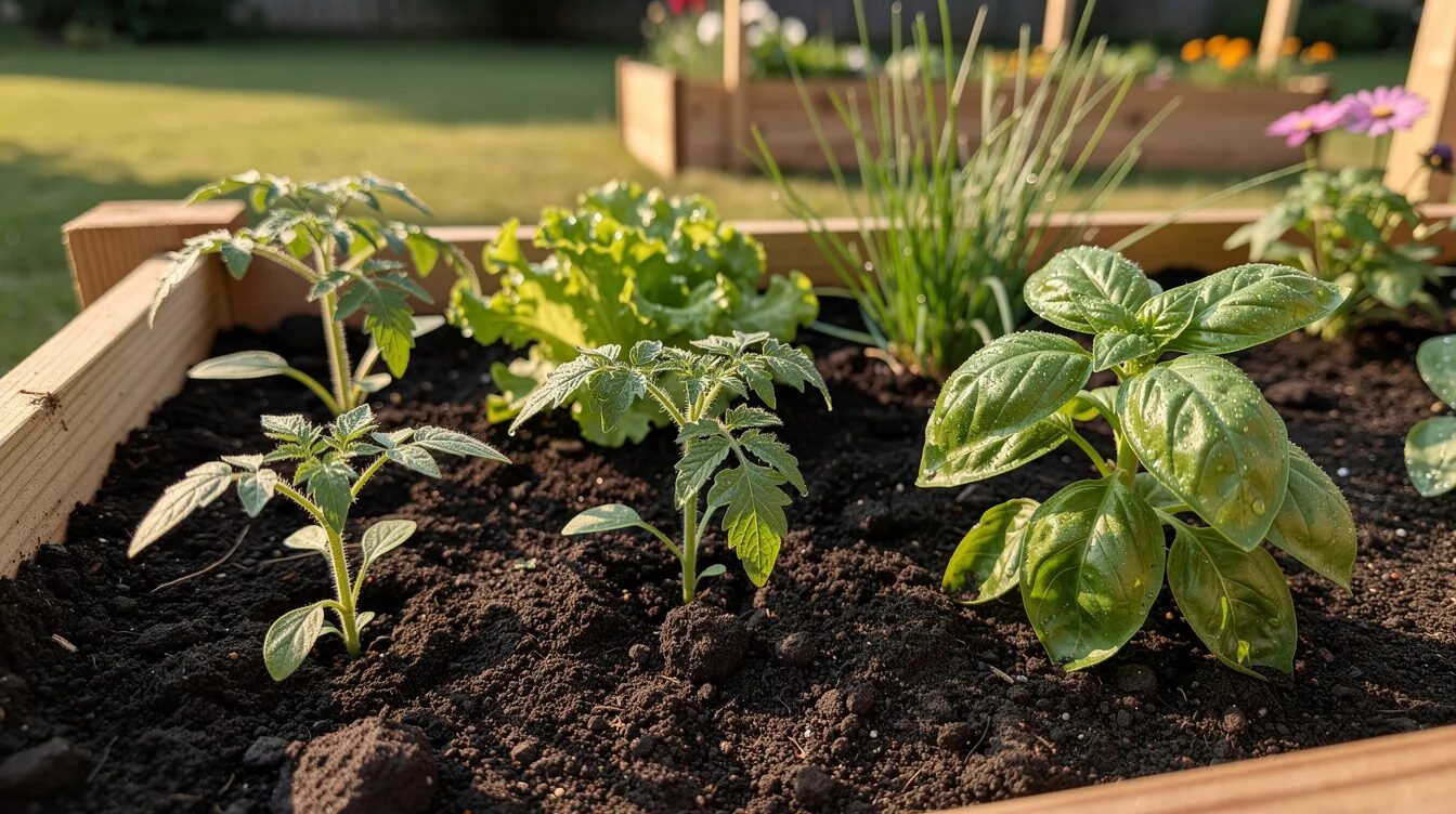 Eine Nahaufnahme zeigt ein frisch bepflanztes Hochbeet aus Holz, gefüllt mit verschiedenen jungen Gemüsepflanzen und Kräutern, die im sonnigen Garten sprießen. Die Vielfalt der Pflanzen, darunter Salat und Tomaten, verspricht eine reiche Ernte und Freude an der Hochbeet Bepflanzung.