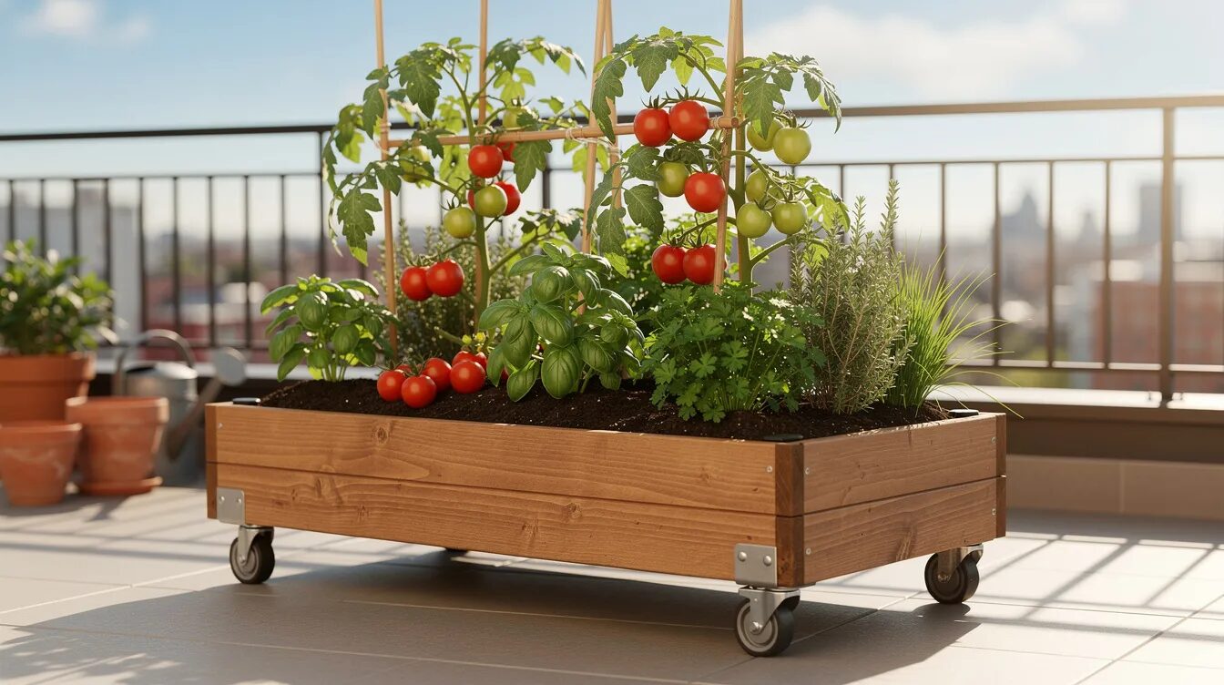 Ein kleines mobiles Hochbeet auf Rollen steht auf einem sonnigen Balkon und ist mit üppigen Tomatenpflanzen und frischen Kräutern bepflanzt. Das Hochbeet aus Holz bietet eine praktische Möglichkeit für den Gemüseanbau und das Gärtnern auf kleinem Raum.