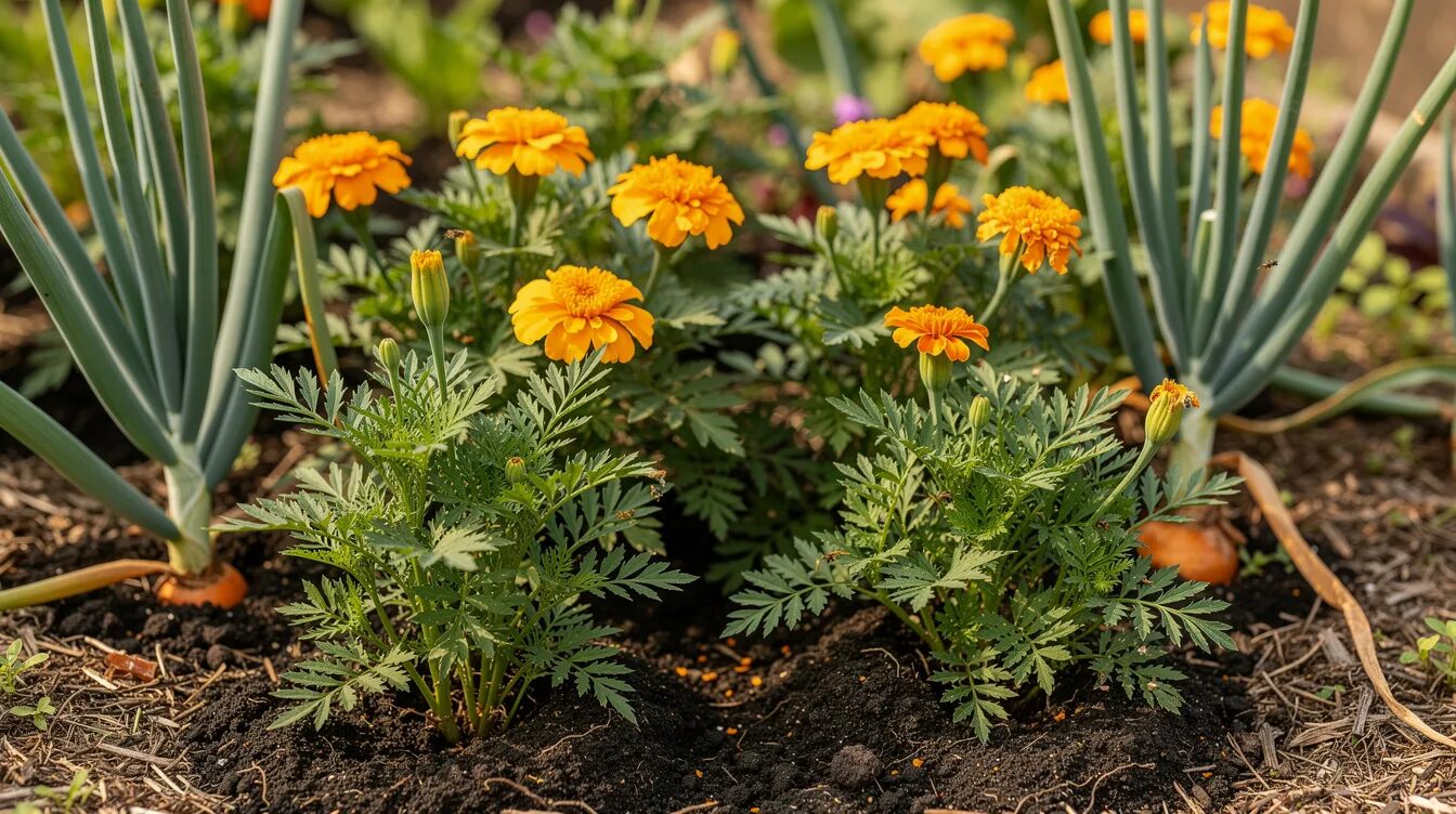 Die Nahaufnahme zeigt ein buntes Mischkultur-Beet, in dem Möhren, Zwiebeln und Tagetes dicht nebeneinander wachsen. Diese Anordnung fördert die Vielfalt im eigenen Garten und unterstützt die Selbstversorgung mit frischen Gemüsesorten.