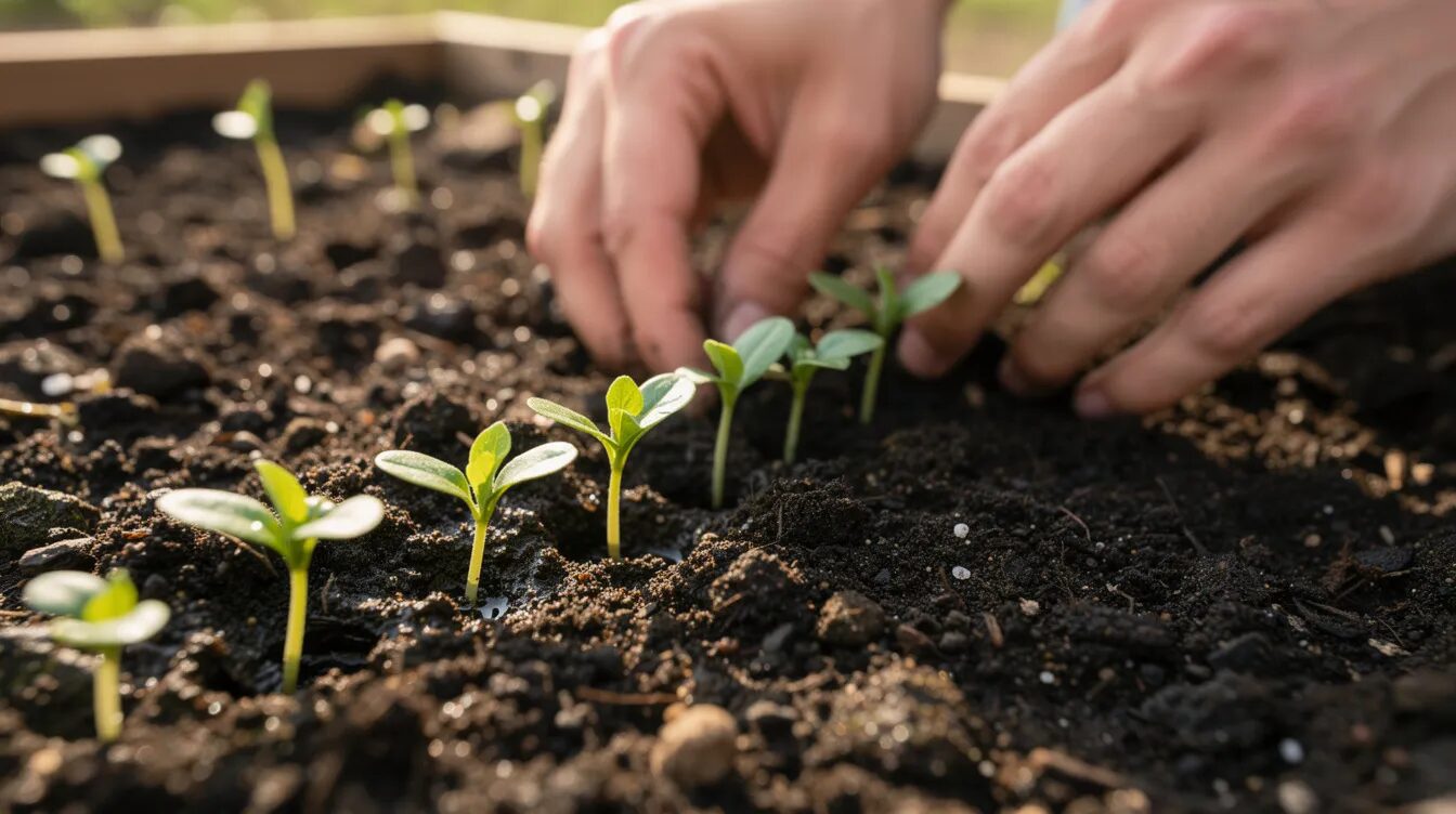 Eine Person pflanzt kleine grüne Setzlinge in feuchte Gartenerde, während sie im Frühling in einem eigenen Gemüsegarten arbeitet. Die Pflänzchen sind in einer Reihe angeordnet und symbolisieren den Beginn des Gemüseanbaus für die Selbstversorgung.