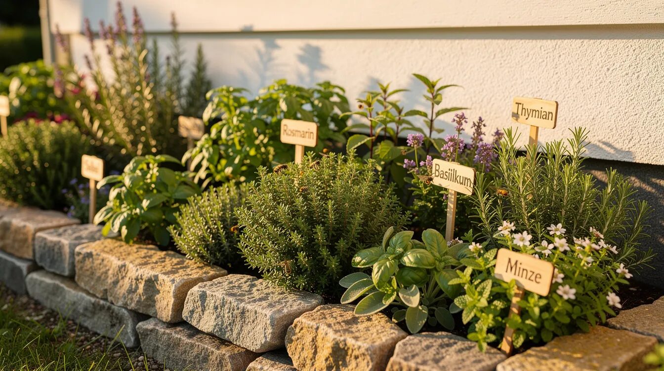 Ein sonniges Kräuterbeet mit Naturstein-Einfassung befindet sich an einer Hauswand, in dem verschiedene grüne Kräuter wie Basilikum, Petersilie und Thymian in voller Blüte stehen. Das warme Nachmittagslicht lässt die Farben der frischen Kräuter strahlen und schafft einen einladenden Anblick für jeden Gartenliebhaber.