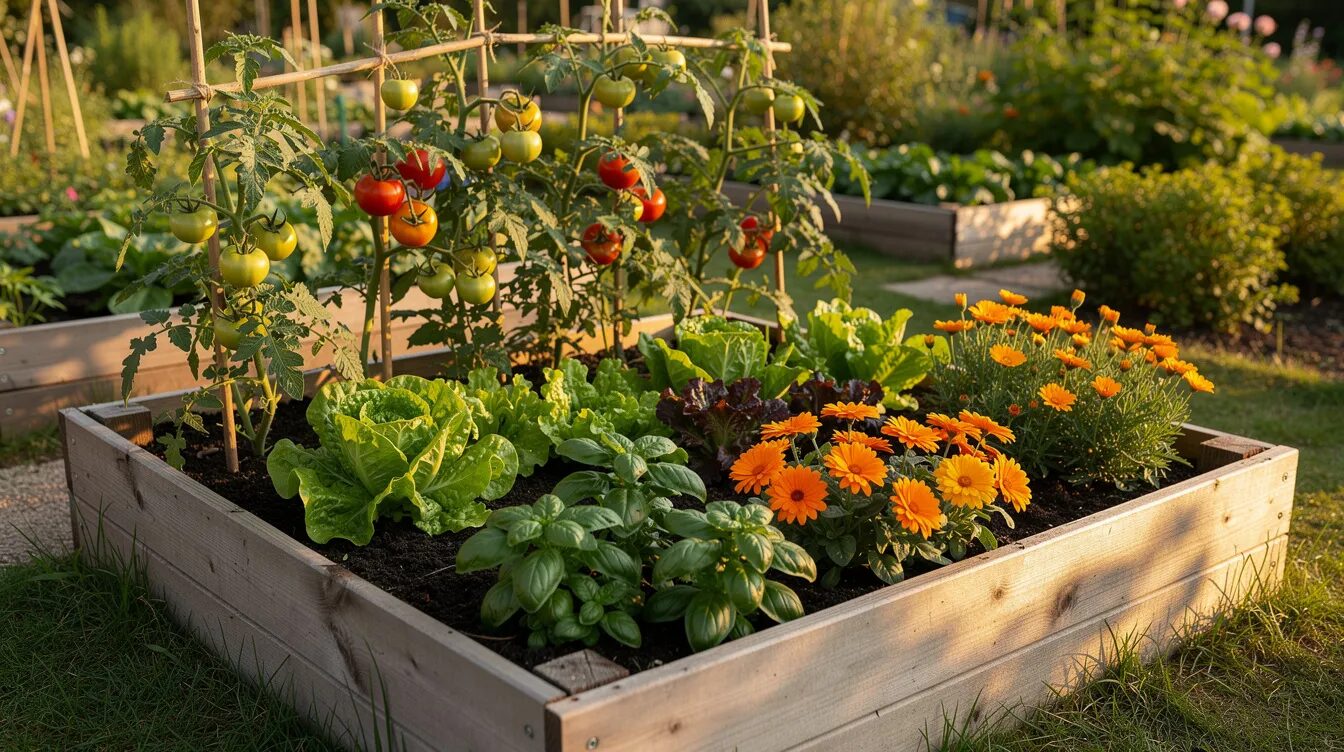 Ein Hochbeet mit einer bunten Mischkultur aus Tomaten, Basilikum, Salat und Ringelblumen steht in einem sommerlichen Garten. Die verschiedenen Pflanzen harmonieren in ihrer Farbvielfalt und bieten eine reiche Ernte an Gemüse und Kräutern.