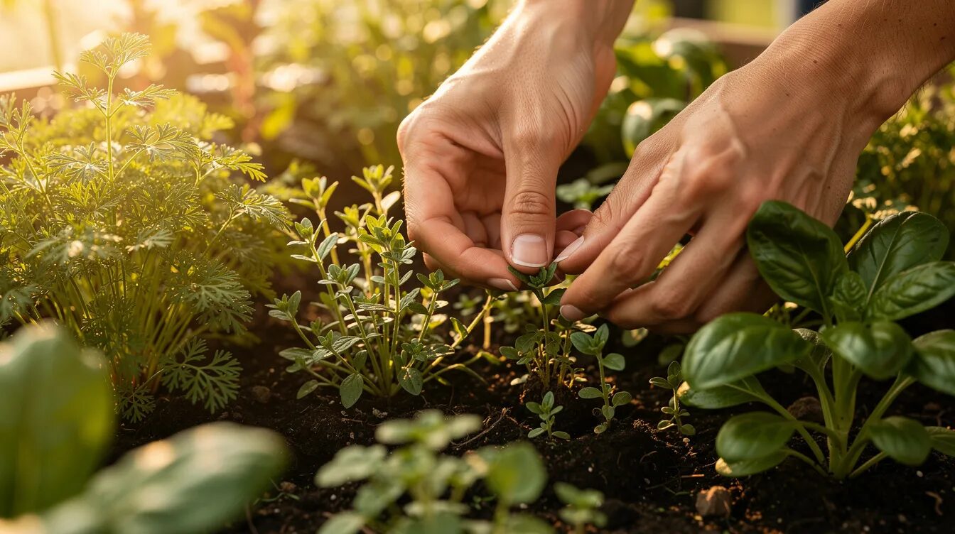 Die Nahaufnahme zeigt Hände, die frische Kräuter wie Petersilie und Thymian aus einem bepflanzten Kräuterbeet ernten, während warmes Sonnenlicht auf die grünen Pflanzen fällt. Diese Szene vermittelt ein Gefühl von Erntefreude und der Fülle eines gut gepflegten Kräutergartens.