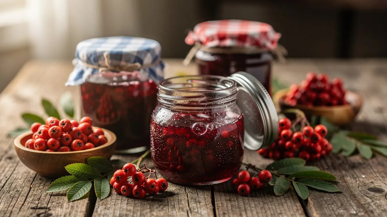 Auf einem rustikalen Holztisch stehen Gläser mit dunkelroter Vogelbeer-Marmelade und Gelee, umgeben von frischen Beeren der Eberesche. Diese Früchte, reich an Vitamin C und Provitamin A, sind ein Genuss, jedoch ist Vorsicht geboten, da Vogelbeeren giftig sein können, wenn sie in großen Mengen verzehrt werden.