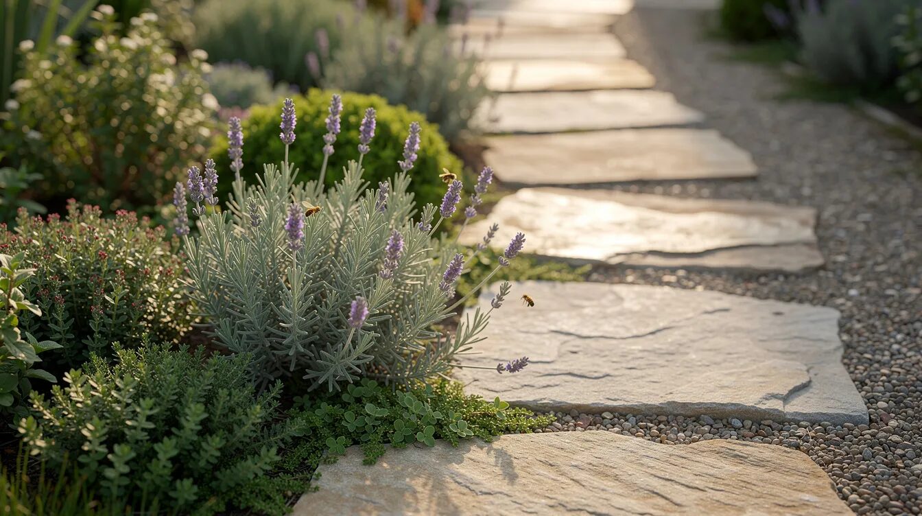 Ein schmaler Kräuterstreifen verläuft entlang eines Gartenwegs, der mit Naturstein-Trittplatten gestaltet ist. In diesem Kräutergarten wachsen verschiedene niedrige Kräuter wie Thymian und Rosmarin sowie duftender Lavendel, die ein aromatisches und farbenfrohes Gesamtbild bieten.