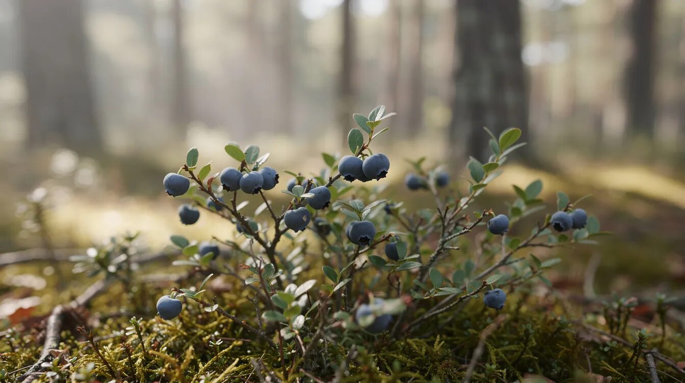 Eine Nahaufnahme von wilden Heidelbeeren, die an einem niedrigen Strauch im lichten Nadelwald wachsen. Die reifen, blauen Früchte sind von grünen Blättern umgeben und strahlen die Schönheit der Natur während der Erntezeit aus.