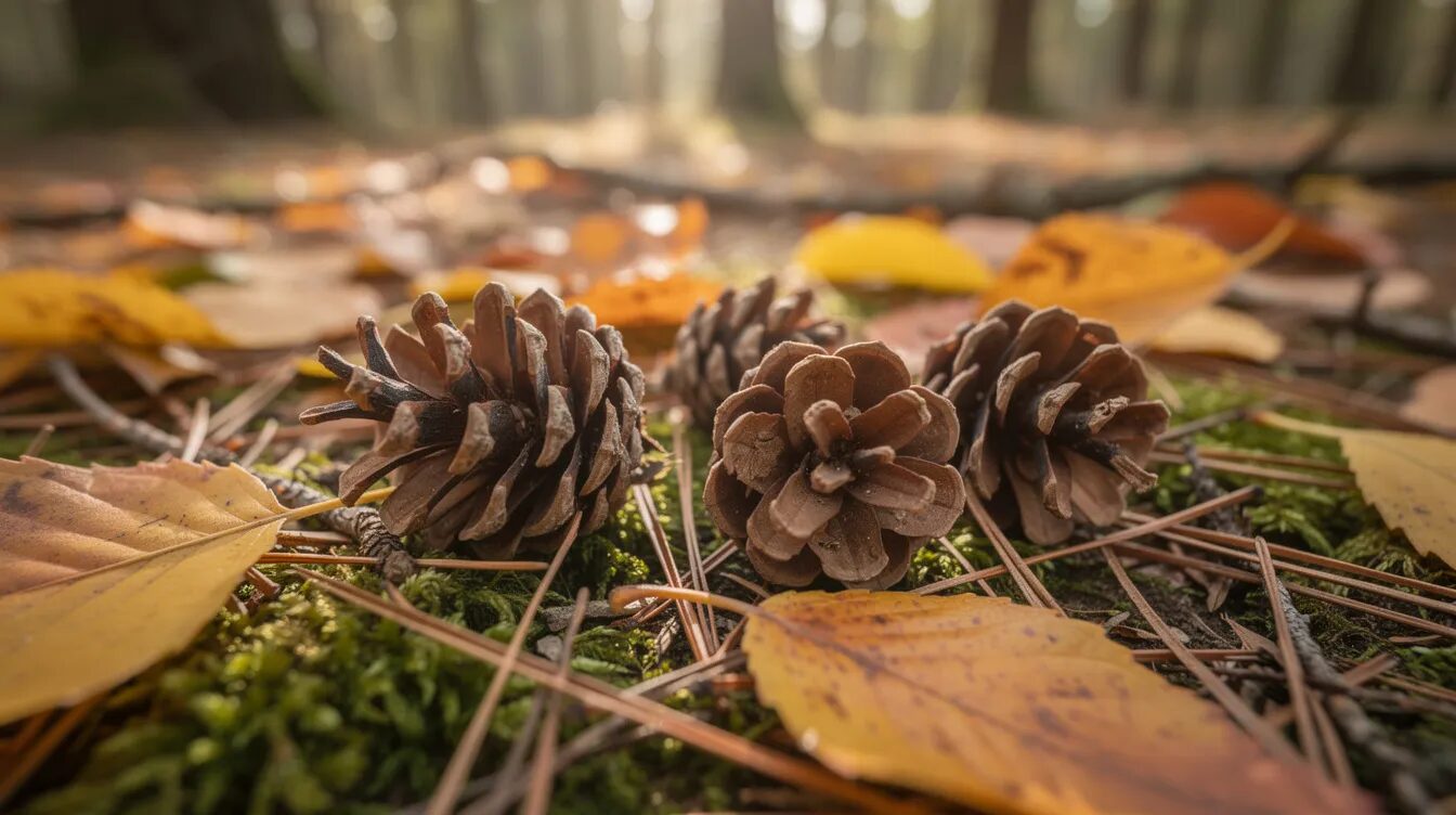 Auf dem moosigen Waldboden liegen mehrere geöffnete Kiefernzapfen zwischen Kiefernnadeln und buntem Herbstlaub. Die natürliche Umgebung vermittelt ein Gefühl von Ruhe und Harmonie im Wald.