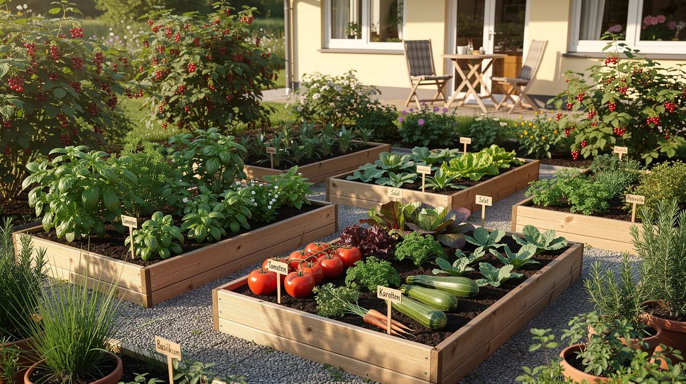 Ein übersichtlicher Gemüsegarten mit Hochbeeten, in dem verschiedene Gemüsesorten, Kräuter und Beerensträucher wachsen, bietet eine ideale Umgebung für die Selbstversorgung im eigenen Garten. Die sommerliche Atmosphäre und die Vielfalt der Pflanzen laden zum Gärtnern und Ernten ein.