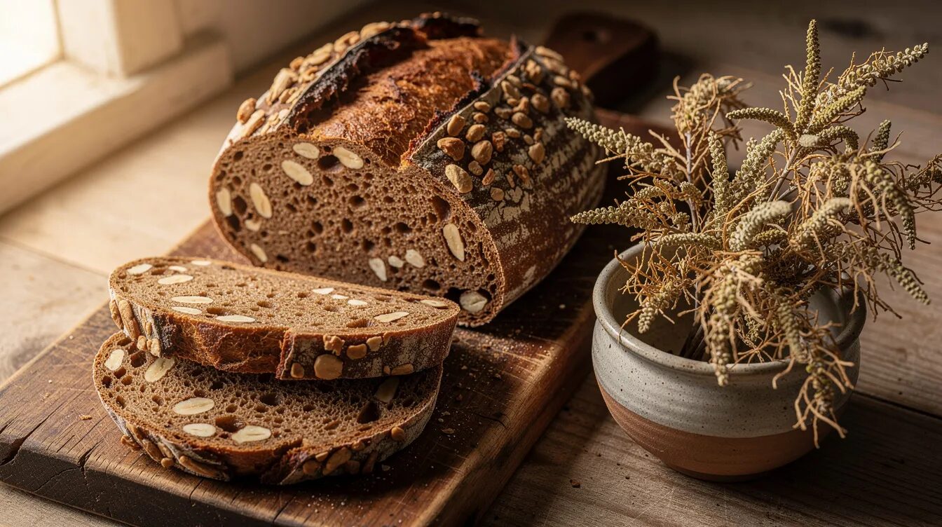 Ein rustikales Brot mit sichtbaren Nussstücken liegt auf einem Holzbrett, daneben steht eine kleine Schale mit getrockneten Haselkätzchen, die an die bevorstehende Blütezeit der gemeinen Hasel erinnern. Diese Kombination aus Brot und Haselkätzchen bietet einen natürlichen und gesunden Snack, ideal für die kalte Jahreszeit.
