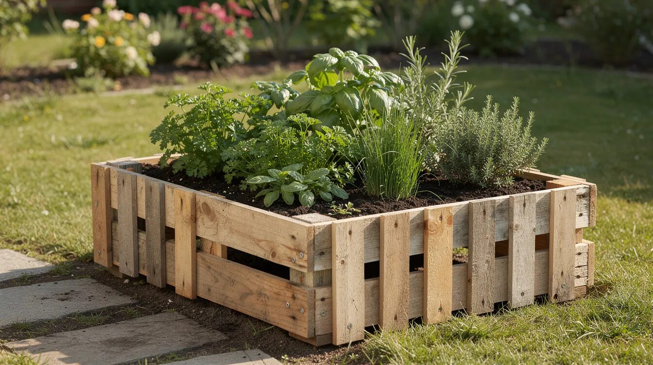 Das Bild zeigt ein fertiges Hochbeet aus vier aufrecht stehenden Europaletten, das in einem kleinen Garten steht und mit verschiedenen Kräutern bepflanzt ist. Die Konstruktion aus Holz bietet eine praktische Möglichkeit für den Gemüseanbau und das Gärtnern im eigenen Garten.