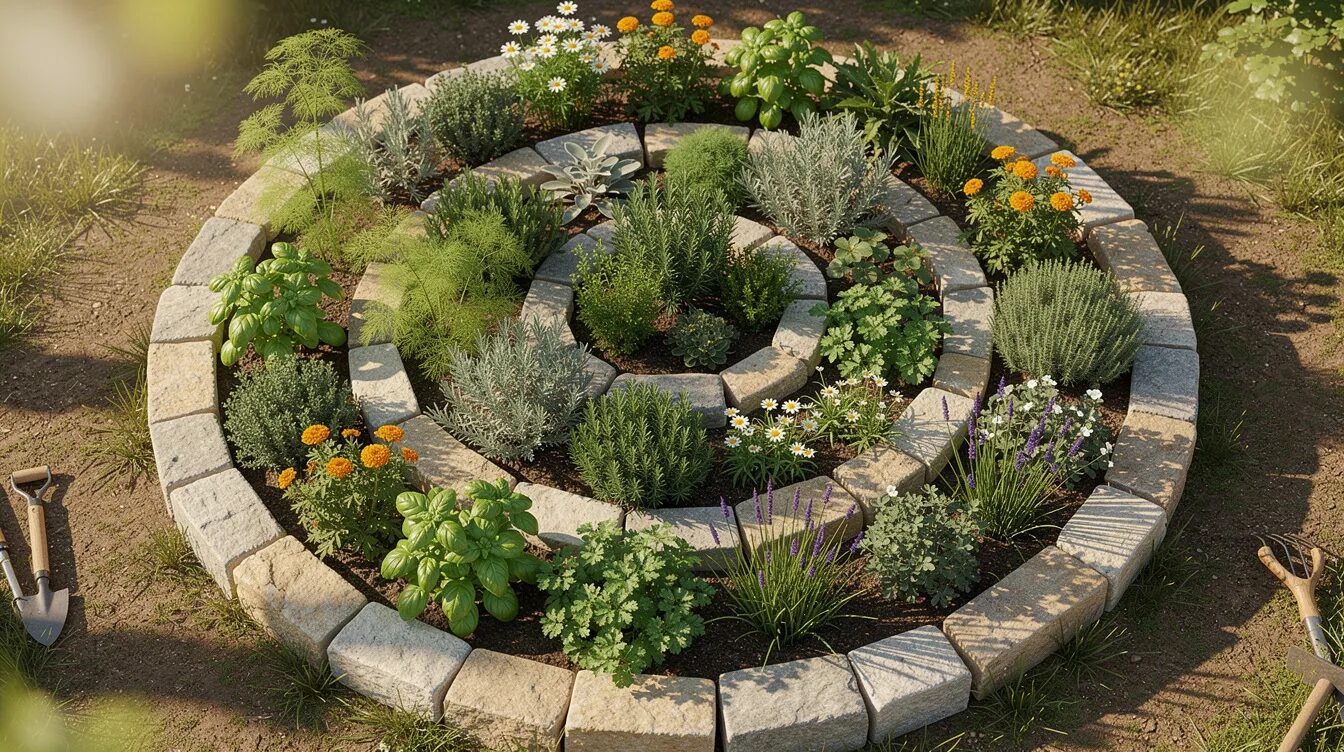 Von oben betrachtet zeigt die runde Kräuterspirale aus Naturstein in einem sonnigen Garten eine Vielzahl von grünen und blühenden Kräutern wie Basilikum, Thymian und Petersilie. Diese Kräutergarten-Anlage bietet eine attraktive und praktische Möglichkeit, frische Kräuter für die Küche anzubauen und zu ernten.
