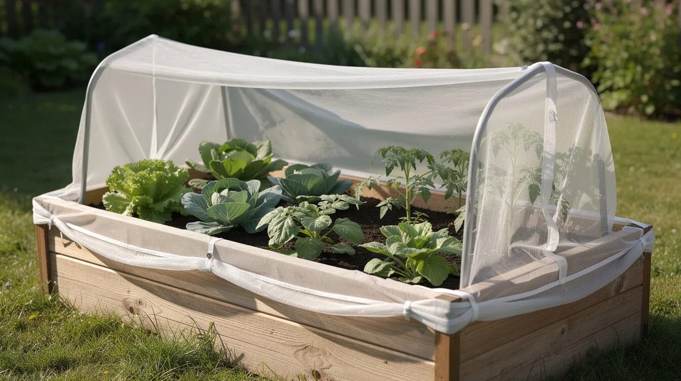 Ein Hochbeet im Garten ist mit einem feinen weißen Schutznetz überspannt, das die darunter sichtbaren Gemüsepflanzen vor Schädlingen wie Käfern und Larven schützt. Die Erde im Hochbeet ist gut durchlüftet und bietet optimale Bedingungen für das Wachstum der Pflanzenwurzeln.