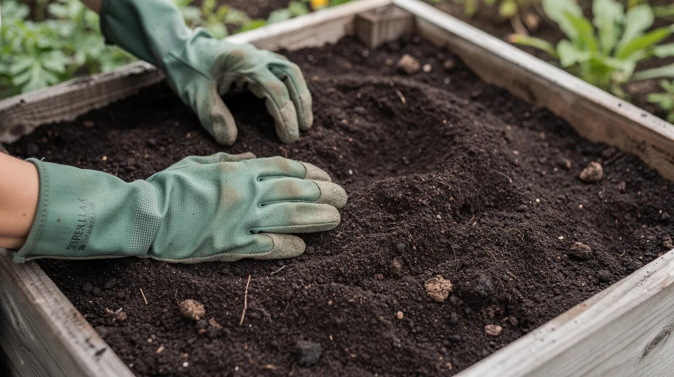 In der Abbildung sind Hände in Gartenhandschuhen zu sehen, die dunkle Erde gleichmäßig auf die Oberfläche eines frisch befüllten Hochbeets verteilen. Diese Tätigkeit ist Teil des Schichtaufbaus für die optimale Nährstoffversorgung und das Pflanzenwachstum im Hochbeet.