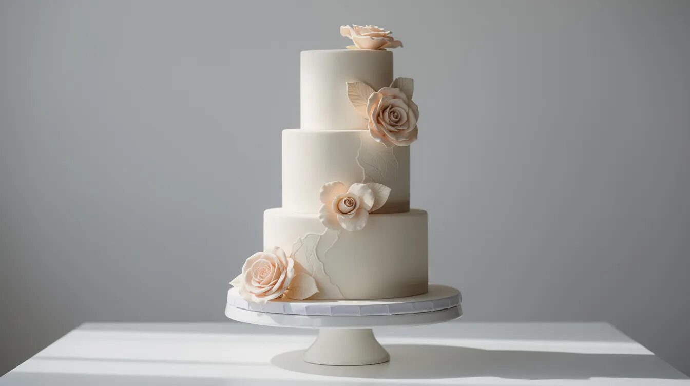 Eine elegante mehrstöckige Hochzeitstorte, dekoriert mit wenigen großen Rosenblüten, die als minimalistische Tortendeko dienen. Die Kombination aus zarter Buttercreme und den essbaren Blüten verleiht der Torte einen besonderen Charme und Eleganz für den festlichen Anlass.