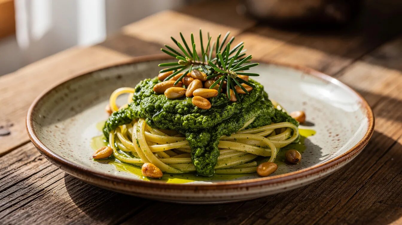 Ein Teller mit Pasta, garniert mit grünem Fichtenspitzen-Pesto, liegt auf einem rustikalen Holztisch. Das Gericht ist verziert mit gerösteten Pinienkernen und frischen Fichtenspitzen, die einen Hauch von Natur und Frühling vermitteln.