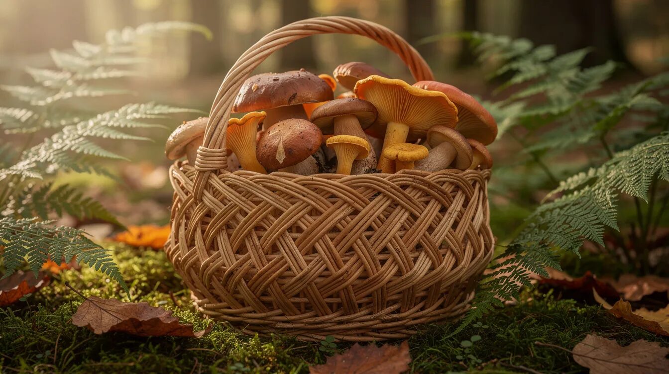 Ein geflochtener Weidenkorb steht auf moosigem Waldboden und ist gefüllt mit verschiedenen frisch gesammelten Waldpilzen wie Steinpilzen, Pfifferlingen und Maronen. Umgeben von Farnblättern und Laub, vermittelt das Bild die Freude am Pilze sammeln in der Natur während der Pilzsaison.