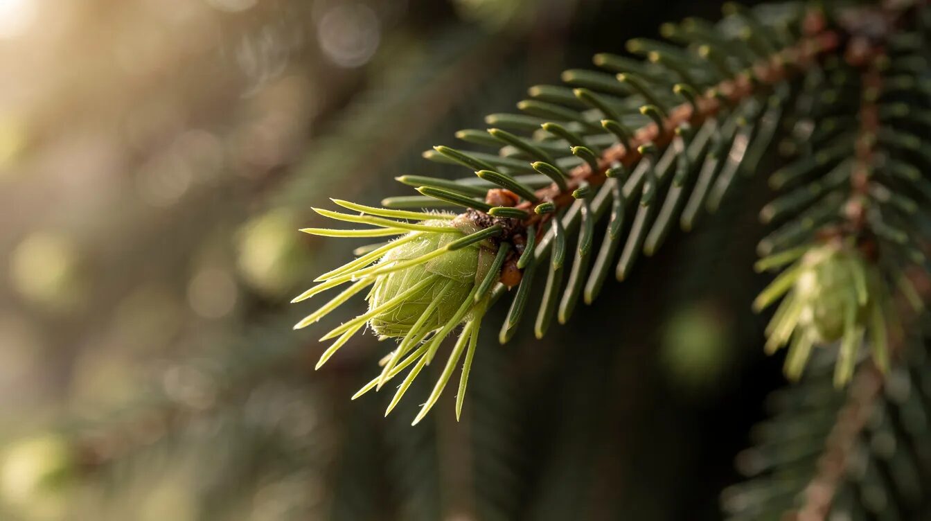 Die Nahaufnahme zeigt hellgrüne, frische Triebspitzen an einem Tannenzweig, die im warmen Frühlingslicht leuchten. Diese Tannenspitzen sind ein Zeichen des neuen Lebens und können in verschiedenen Rezepten, wie zum Beispiel für Tannenspitzenhonig, verwendet werden.