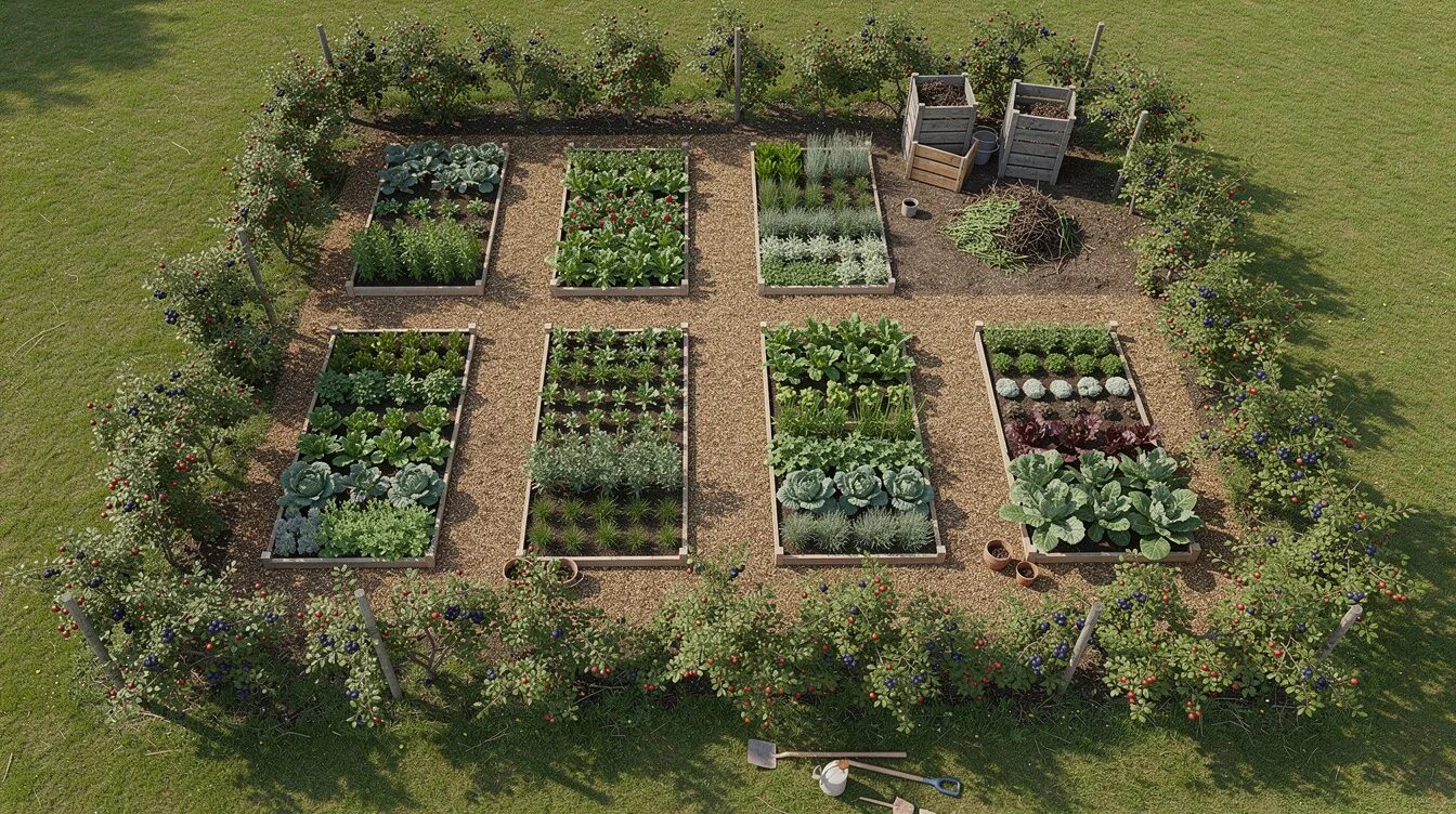 Die Luftaufnahme zeigt einen kleinen, produktiven Gemüsegarten mit klar strukturierten Beeten, in denen verschiedene Gemüsearten wie Brokkoli und Karotten wachsen. Am Rand befinden sich Beerensträucher und eine Kompostecke, die zur Selbstversorgung und zum nachhaltigen Anbau von Lebensmitteln beiträgt.