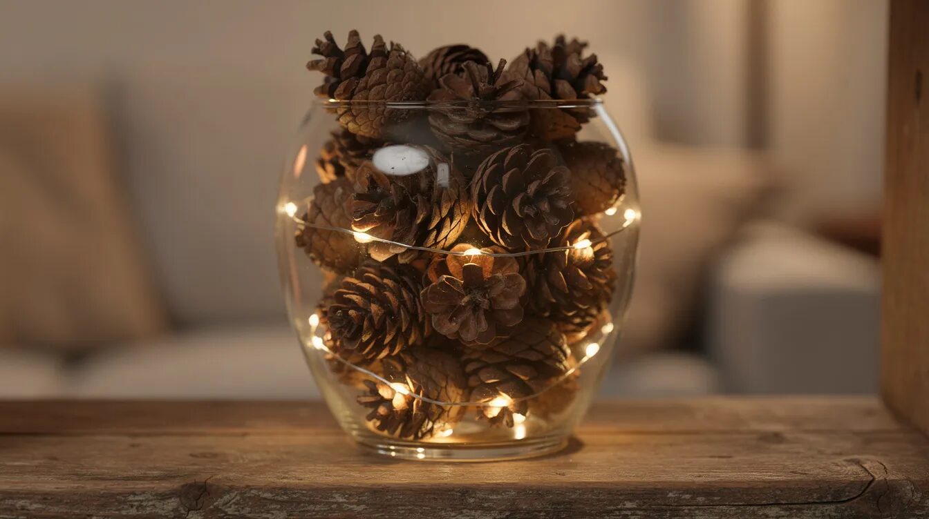 Eine große Glasvase steht auf einem Holzregal und ist gefüllt mit Kiefernzapfen, umgeben von einer warmweißen Lichterkette, die eine gemütliche Atmosphäre schafft. Diese Dekoration aus natürlichen Materialien bringt den Charme des Waldes in Ihr Zuhause.