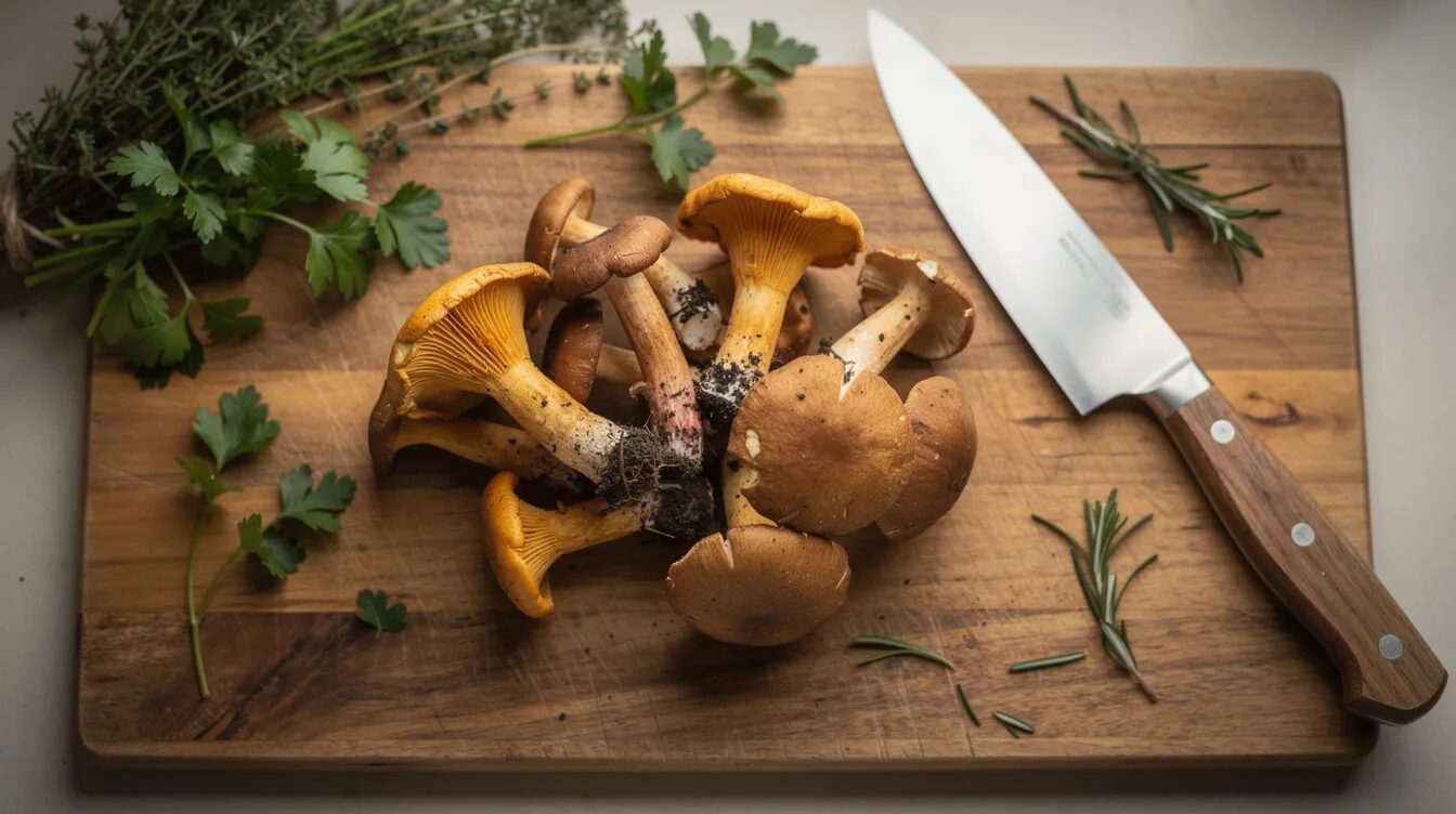 Auf einem Holzschneidebrett liegen frische Waldpilze, darunter Steinpilze und Pfifferlinge, neben einem scharfen Küchenmesser und duftenden frischen Kräutern. Diese Szene vermittelt das Gefühl der Pilzsaison und lädt ein, die Kunst des Pilzesammelns zu entdecken.
