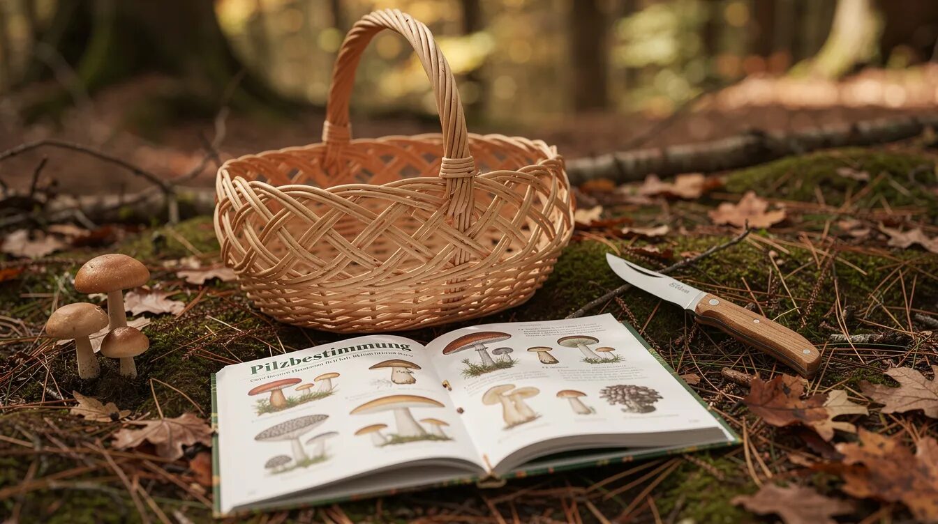 Auf dem Waldboden liegt eine Pilzsammel-Ausrüstung, bestehend aus einem Weidenkorb, einem kleinen Messer und einem Bestimmungsbuch. Diese Utensilien sind ideal für Anfänger und Pilzfreunde, die in der Pilzsaison auf der Suche nach essbaren Pilzen wie Steinpilzen und Maronen sind.