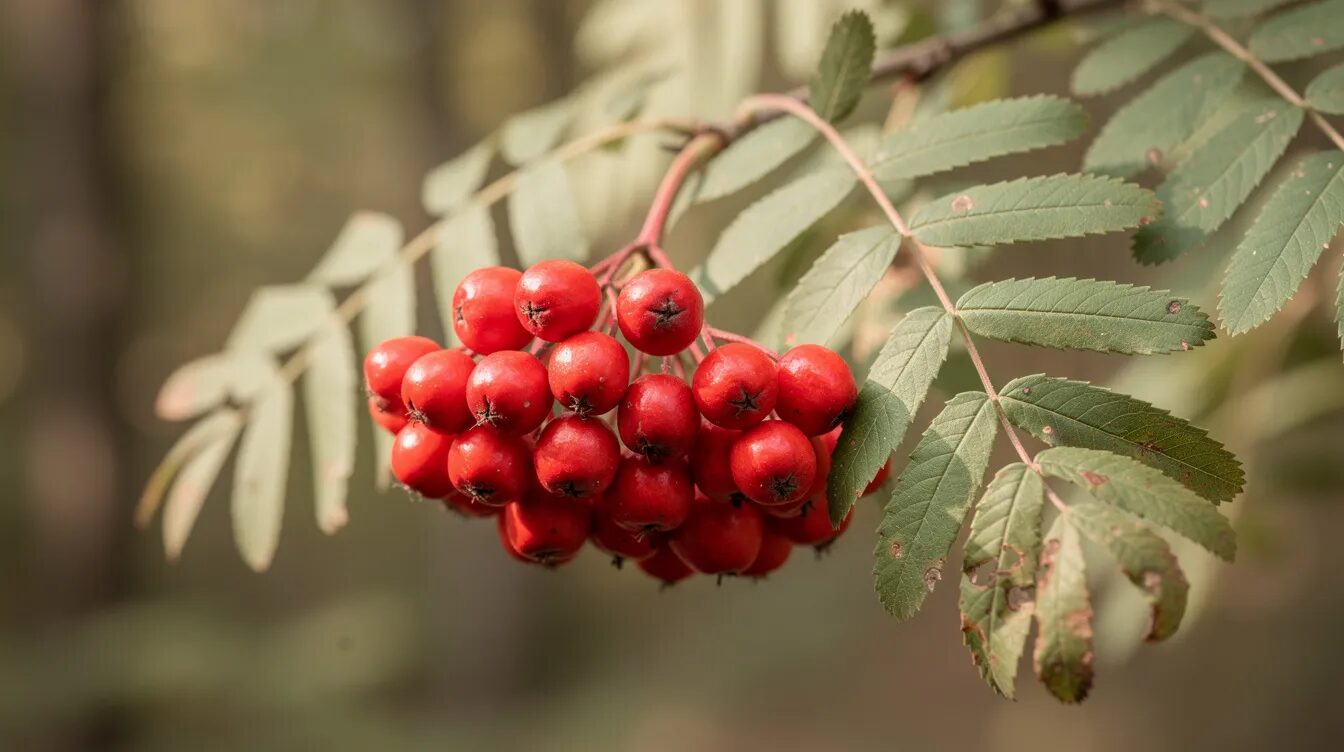 Nahaufnahme eines Ebereschenzweigs mit gefiederten Blättern und leuchtend roten Früchten, die als Vogelbeeren bekannt sind. Diese Früchte der Eberesche sind reich an Vitamin C und Provitamin A, jedoch giftig für Menschen in größeren Mengen.