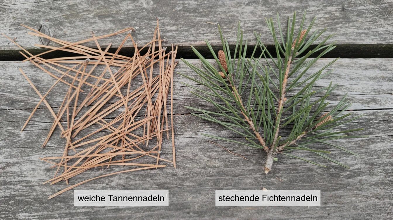 Das Bild zeigt einen Vergleich zwischen weichen Tannennadeln und stechenden Fichtennadeln, die nebeneinander auf einer Holzfläche liegen. Die Tannenspitzen wirken sanft und geschmeidig, während die Fichtenspitzen eine stachelige Textur aufweisen, was die Unterschiede zwischen diesen beiden Nadelbaumarten verdeutlicht.
