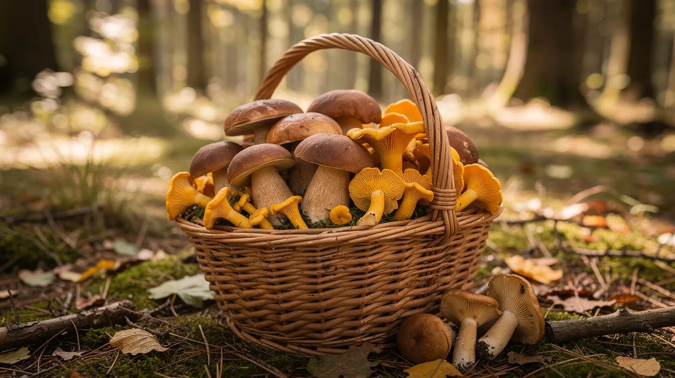Ein geflochtener Korb steht auf einer Waldlichtung und ist gefüllt mit frischen Steinpilzen, Maronen und Pfifferlingen, die zum Pilzesammeln einladen. Die verschiedenen Pilzarten sind sorgfältig angeordnet und spiegeln die Vielfalt der herbstlichen Pilzsaison wider.
