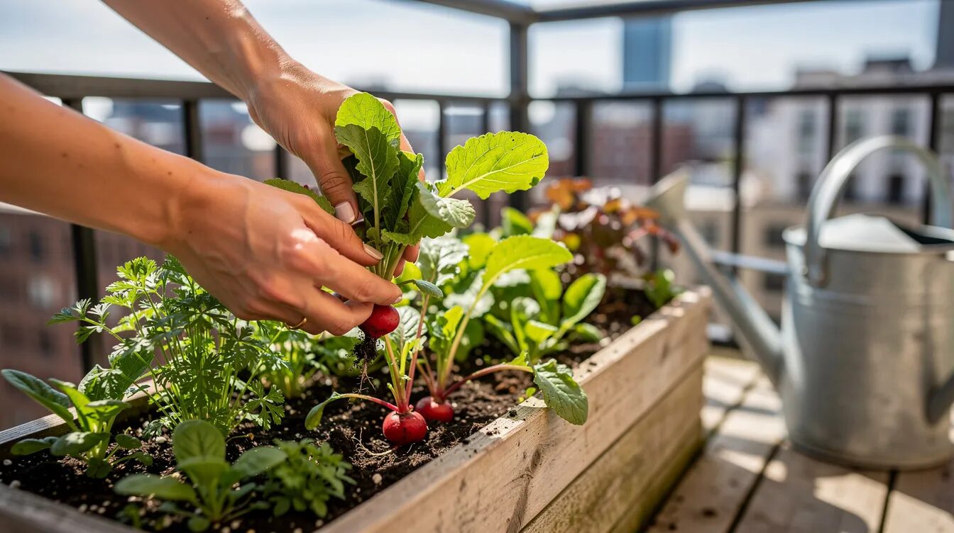 In einem kleinen Hochbeet auf dem Balkon ernten Hände frische Radieschen und Kräuter, während nebenan eine Gießkanne steht. Diese Szene spiegelt die Freude am urban gardening und der Nutzung von Balkonhochbeeten für frisches Gemüse und Kräuter wider.