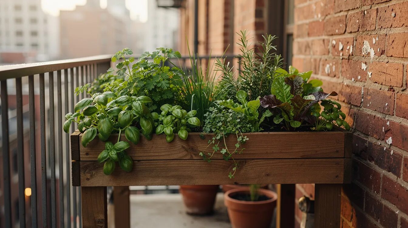 Ein kleines Hochbeet auf Stelzen steht auf einem städtischen Balkon und ist mit frischen Kräutern und Salatpflanzen bepflanzt. Im Hintergrund ist eine Backsteinwand zu sehen, die dem urbanen Garten eine rustikale Note verleiht.