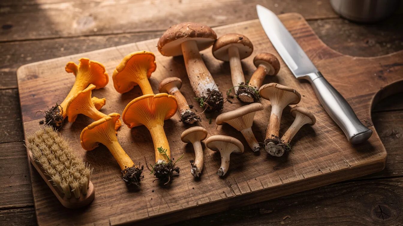 Auf einem Holzschneidebrett liegen frische Waldpilze verschiedener Arten, darunter die krause Glucke und Eierschwammerl, neben einem Küchenmesser und einem kleinen Pinsel, die für die Pilzbestimmung und -zubereitung genutzt werden können. Diese Vielfalt an essbaren Pilzen lädt zum Sammeln während der Pilzsaison ein und bietet zahlreiche Möglichkeiten für köstliche Pilzmahlzeiten.