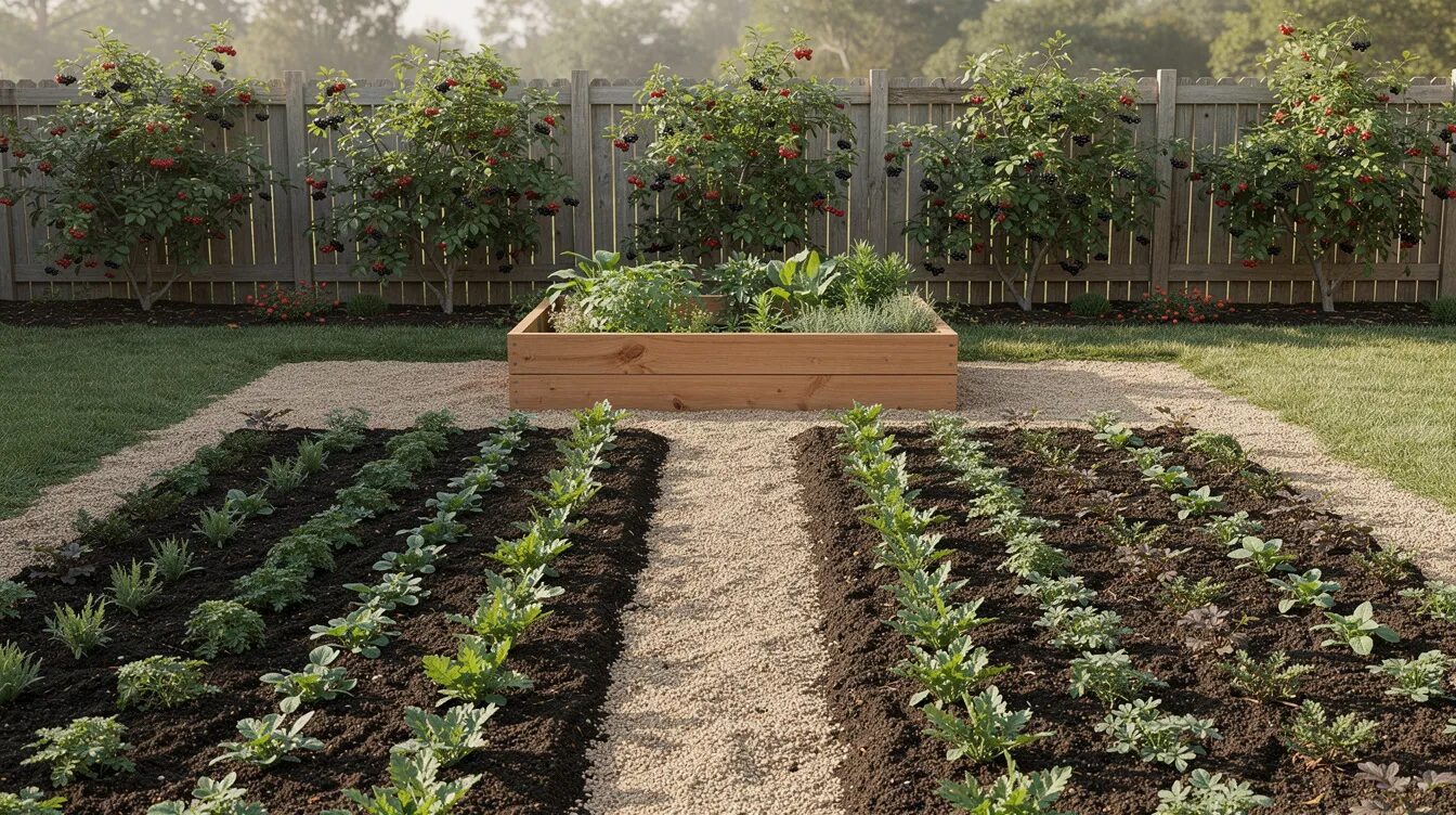 Das Bild zeigt ordentlich angelegte Gartenbeete mit klaren Wegen dazwischen, während im Hintergrund ein Hochbeet zu sehen ist. Am Zaun wachsen Beerensträucher, die eine ideale Ergänzung für den Selbstversorger Garten darstellen.