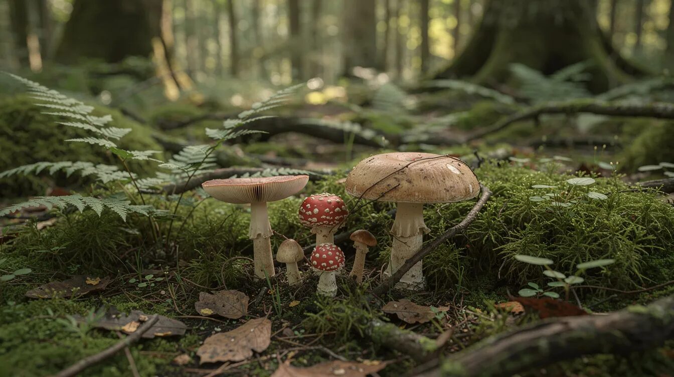 Der moosige Waldboden ist reich an verschiedenen Pilzen, die zwischen üppigem Farnkraut und verwitterten Baumwurzeln wachsen. In dieser herbstlichen Szenerie sind Arten wie die Krause Glucke und Maronenröhrlinge zu entdecken, ideal für Pilzsammler und Anfänger, die Tipps zum Pilzesammeln suchen.