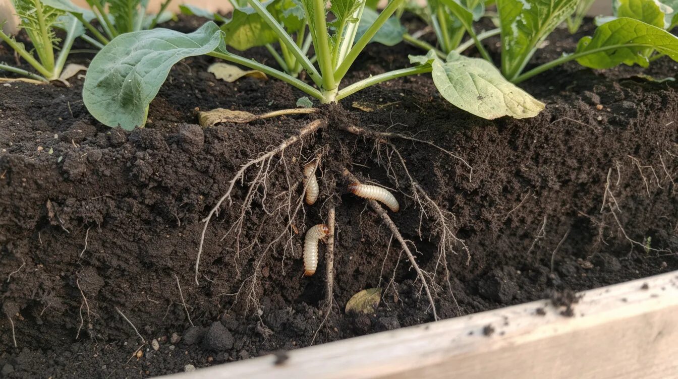 Das Bild zeigt ein geöffnetes Hochbeet, in dem zwischen den Pflanzenwurzeln und der lockeren dunklen Erde mehrere weiße Engerlinge sichtbar sind. Diese Larven sind Schädlinge, die potenziell Schäden an den Pflanzen verursachen können.