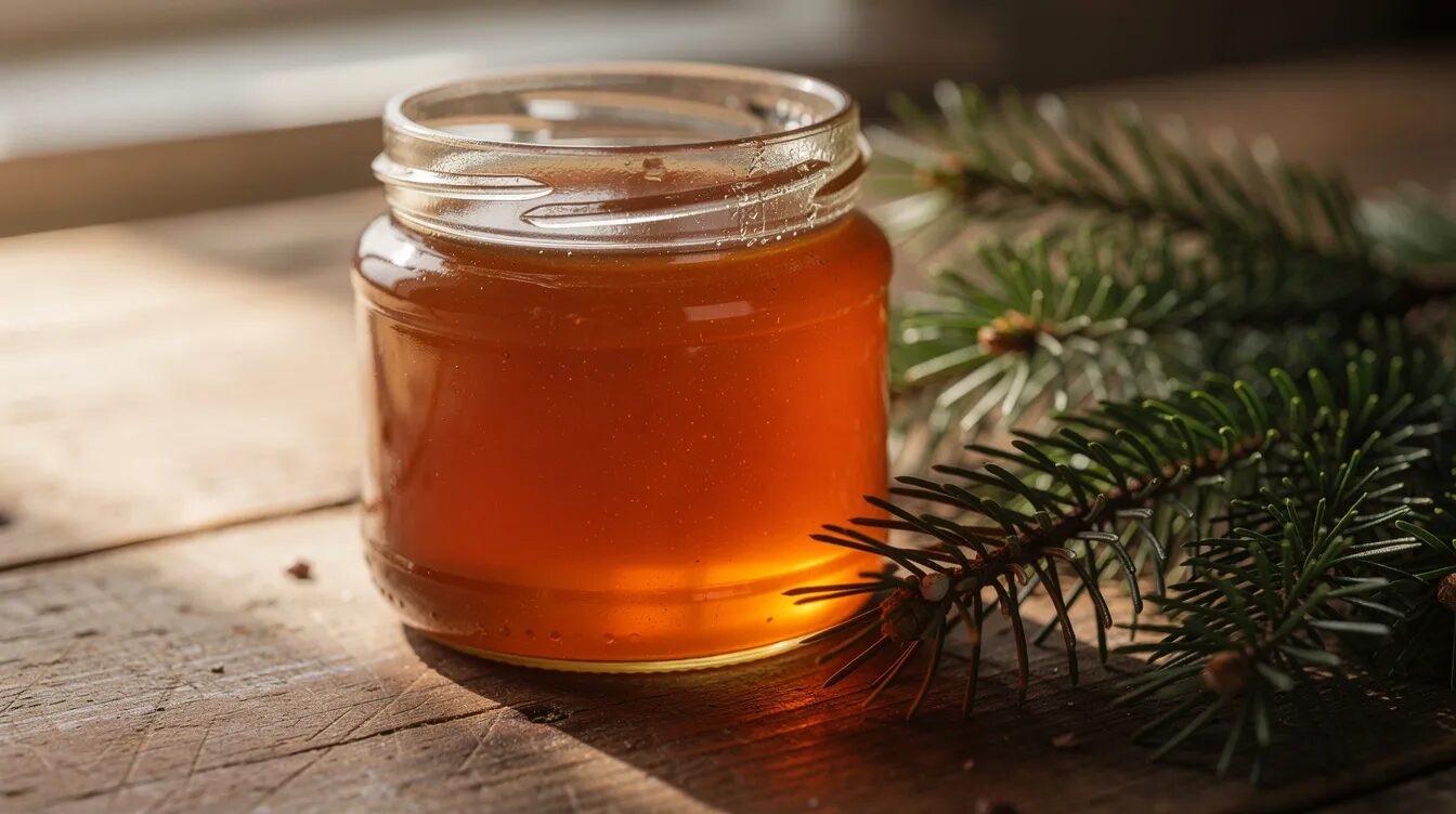 Auf dem Holztisch steht ein geöffnetes Glas mit bernsteinfarbenem Sirup, umgeben von frischen Tannenzweigen, die an die Schönheit des Frühlings erinnern. Der Sirup, auch bekannt als Tannenspitzenhonig, ist eine köstliche und gesunde Ergänzung für verschiedene Rezepte und erinnert an die Kindheit im Garten.