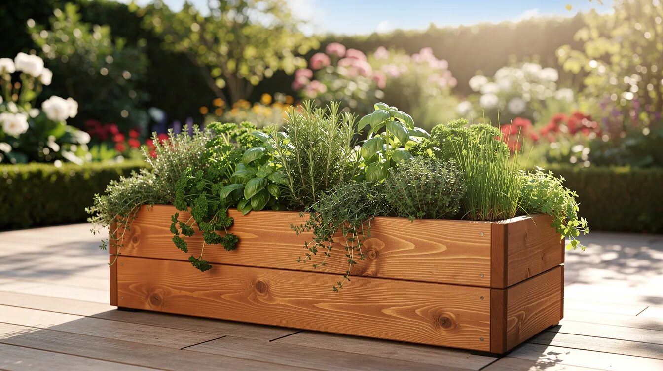 Ein Holz-Hochbeet auf einer sonnigen Terrasse ist gefüllt mit verschiedenen frischen Kräutern wie Basilikum, Thymian und Petersilie. Im Hintergrund erstreckt sich ein Garten, der die Gestaltung eines Kräutergartens unterstreicht und die Möglichkeit bietet, die Kräuter für die Küche zu ernten.
