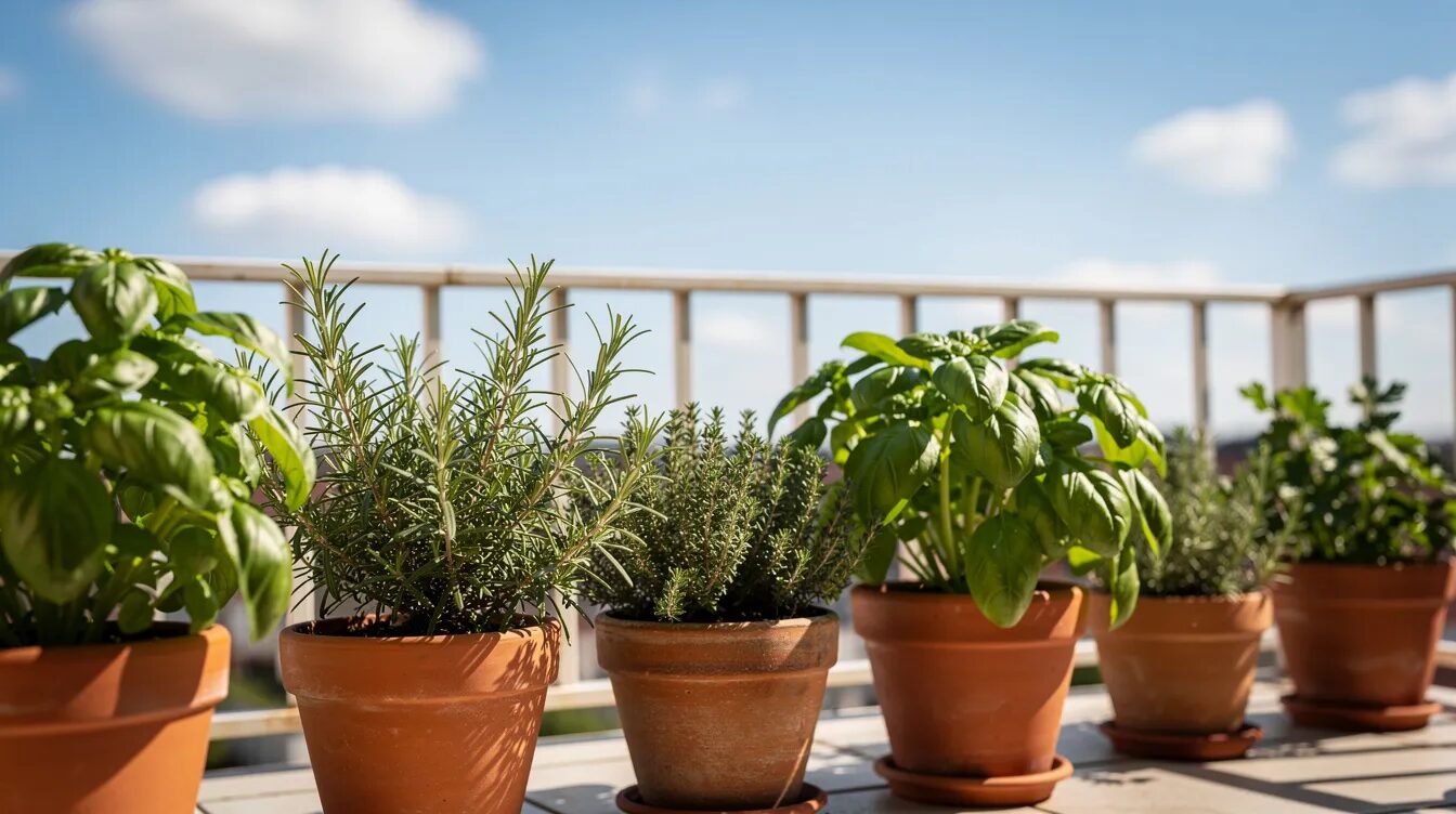 Ein sonniger Balkon ist mit mehreren Tontöpfen voller frischer Kräuter wie Basilikum, Thymian und Petersilie dekoriert. Im Hintergrund ist eine Balkonbrüstung zu sehen, während der blaue Himmel für eine angenehme Atmosphäre sorgt, ideal für einen kleinen Kräutergarten.