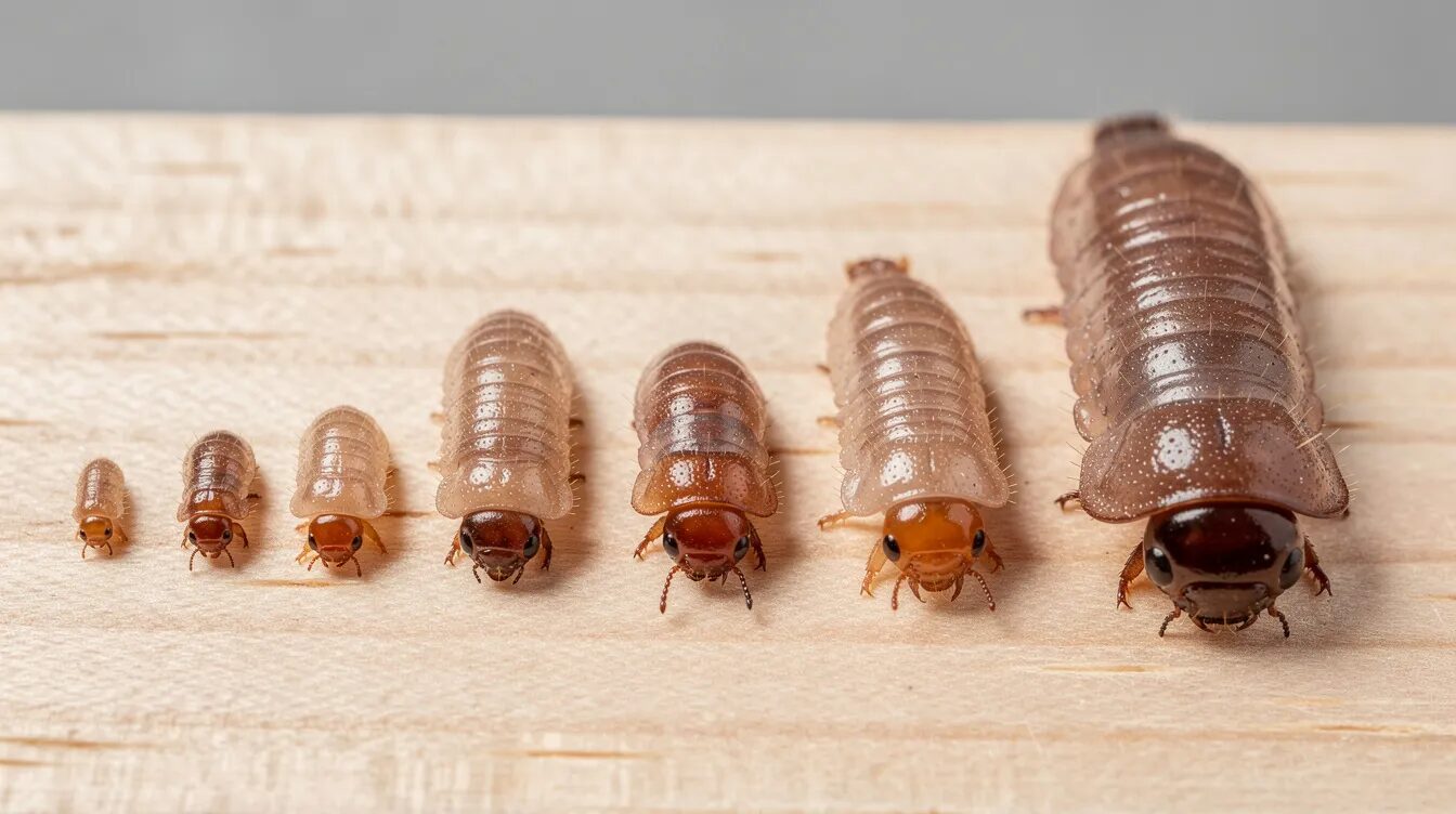 Auf einem hellen Holzbrett liegen verschiedene Käferlarven nebeneinander, deren Größen von klein bis sehr groß variieren. Diese Larven, darunter auch Rosenkäferlarven und Nashornkäfer, sind wichtige Elemente im Garten, da sie sowohl Schädlinge als auch Nützlinge darstellen und Einfluss auf die Pflanzen und deren Wurzeln haben können.